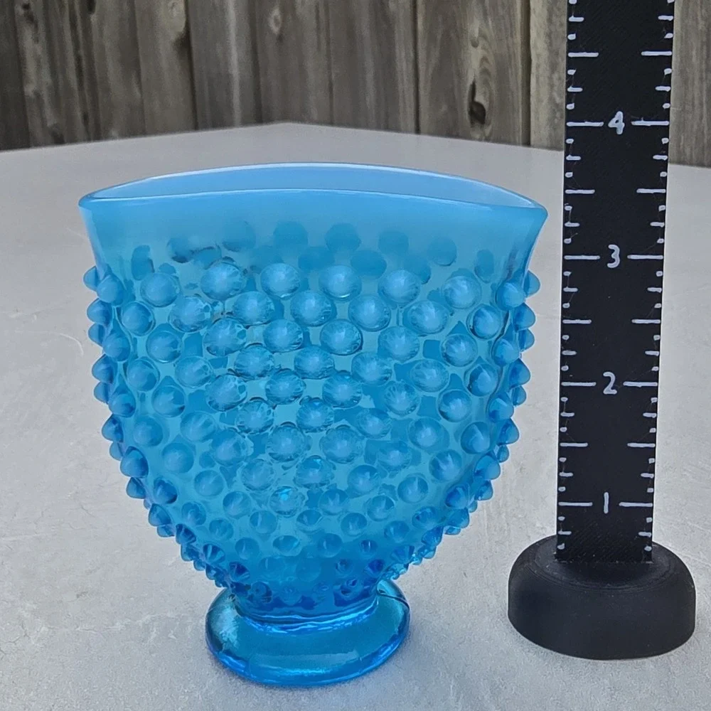 Vintage Blue Hobnail Glass Fan Vase Footed Art Glass Decor 4 inch